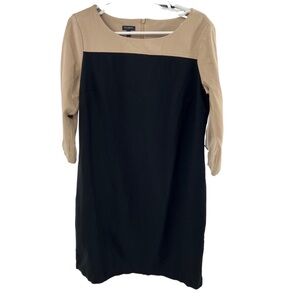 Talbots ponte black tan color block 12 sheath dress rayon business modest office